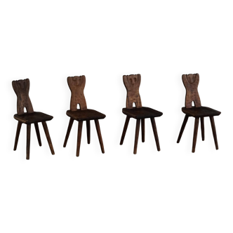 Mid-century Swedish ensemble, set of 4 "Sports Cabin" chairs handmade in pine, 1940s.