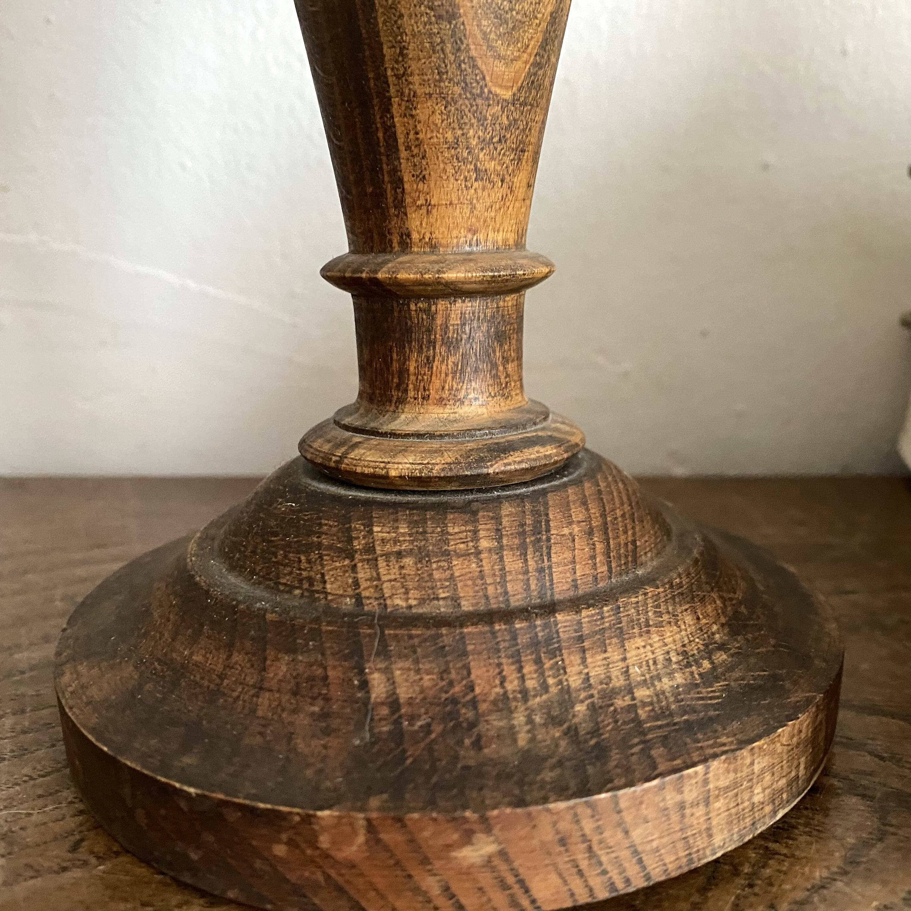 Turned wooden lamp, tartan lampshade.