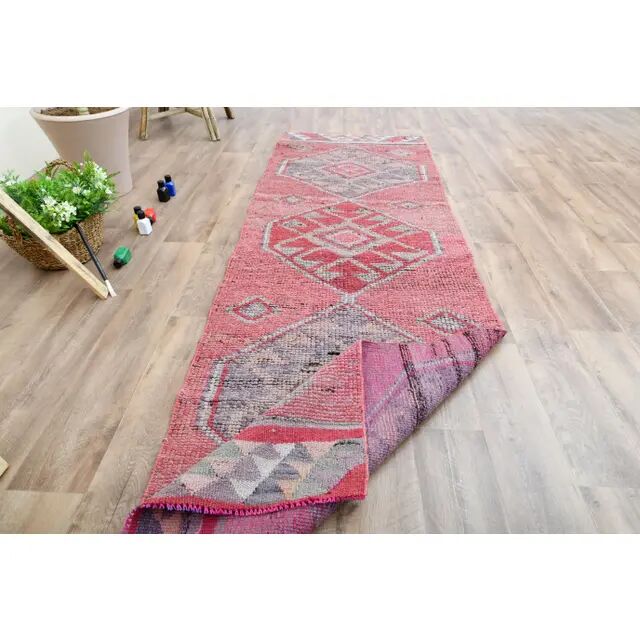1970s Turkish Oushak Handmade Wool Cotton Pink Area Rug 86x276