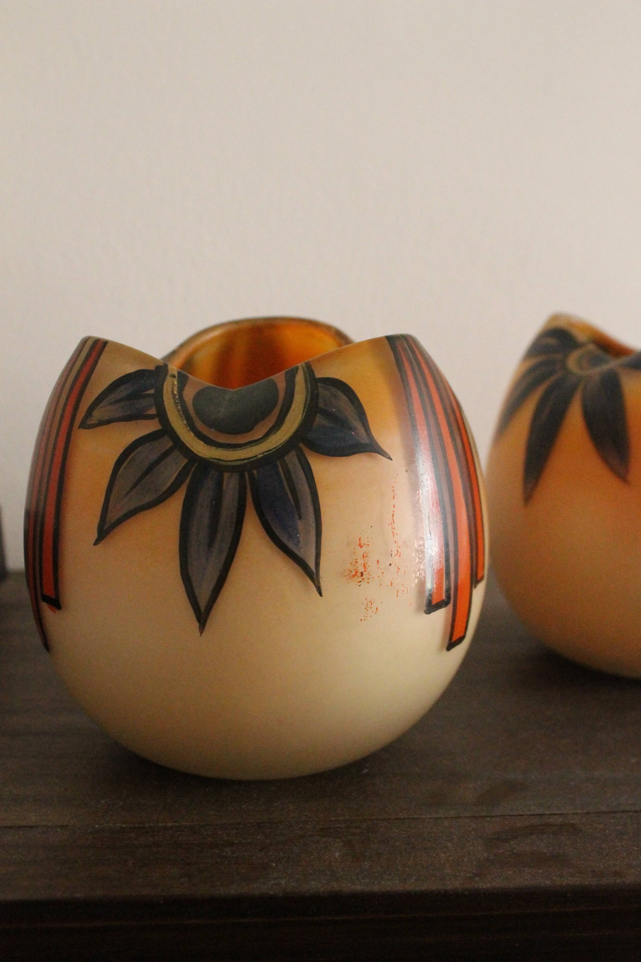Pair of Legras Art Deco ball vases with orange tree decoration