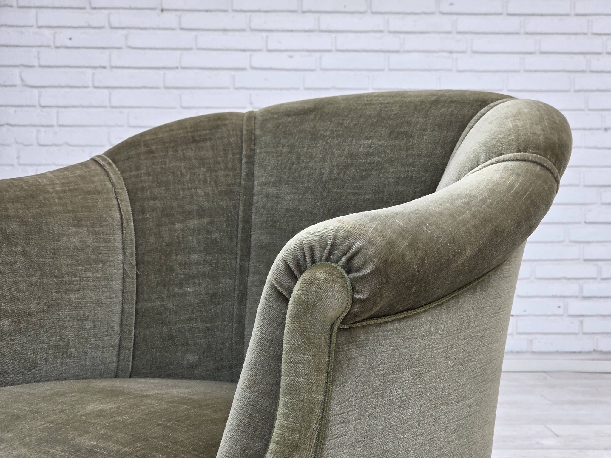 1960s, Danish armchair, green furniture velour, beech wood legs.