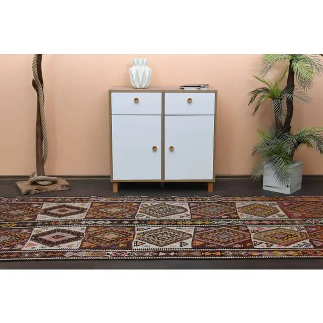 1970s Vintage Turkish Oushak Handmade Wool Cotton Brown Runner Rug 135x300