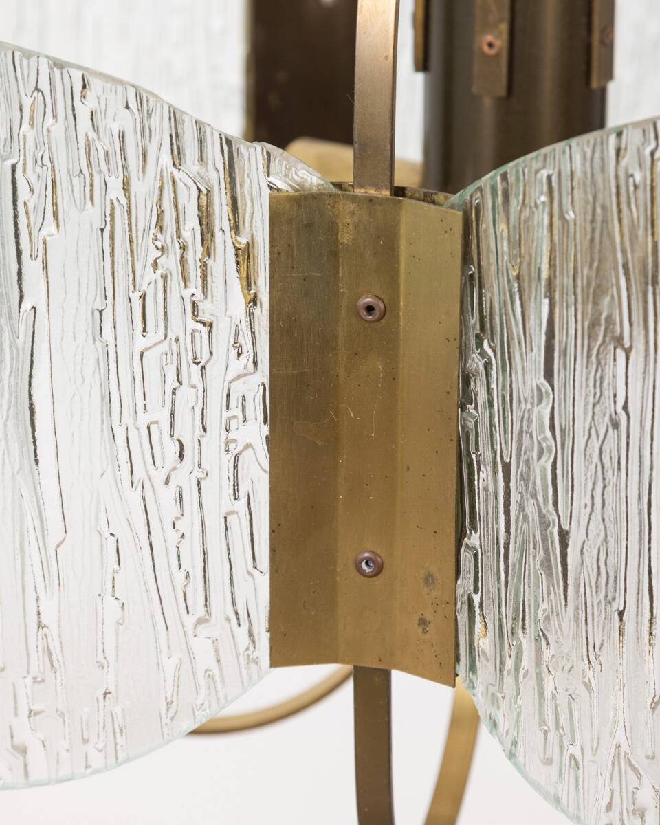 Vintage 60's chandelier in brass and worked glass italian design