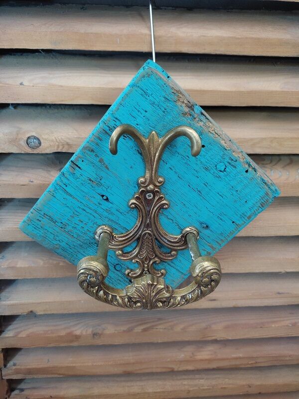 Coat holder patinated wood blue 1 hook bronze deco dp 092288