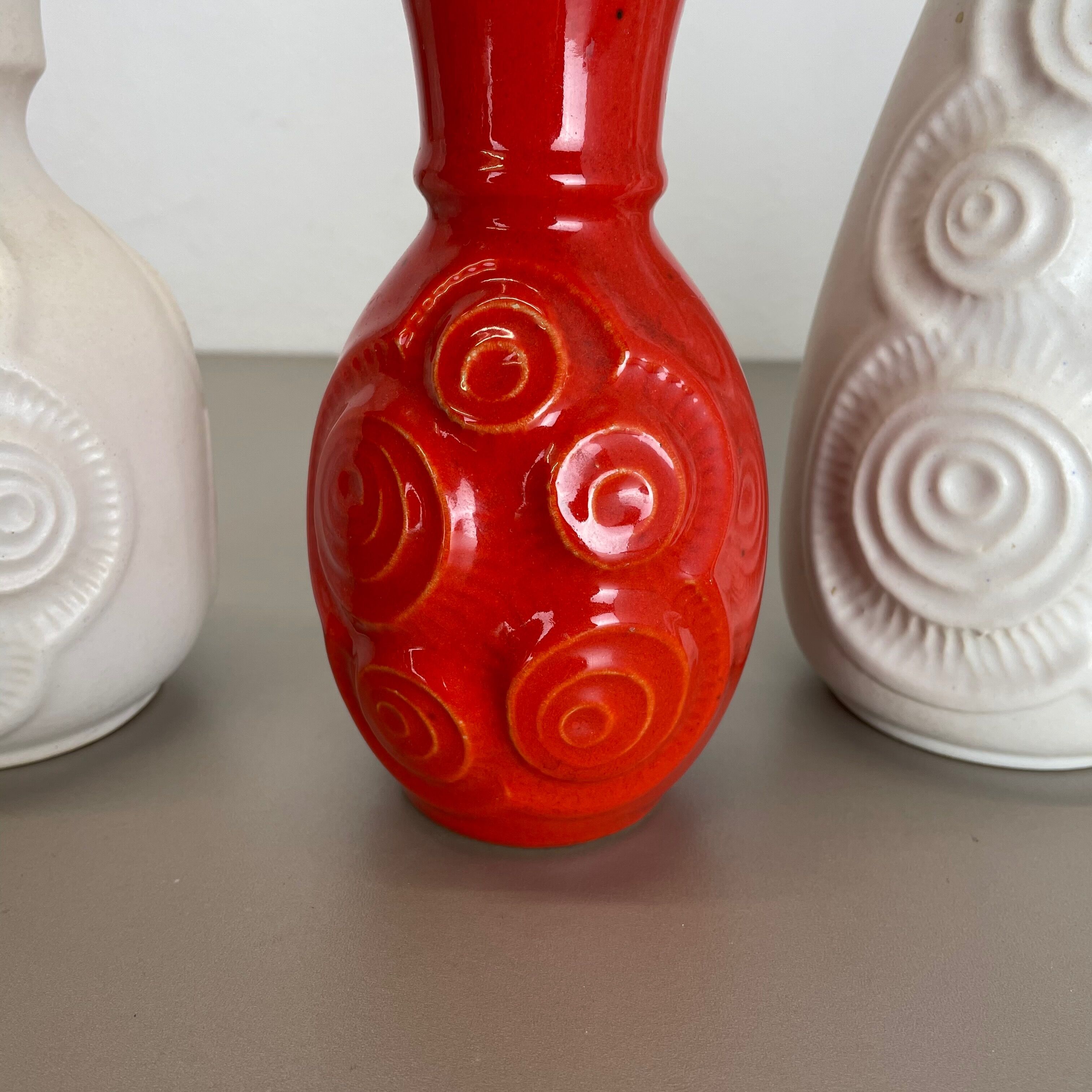 Set of 4 Red-White Fat Lava Op Art Pottery Vases by Bay Ceramics, Germany