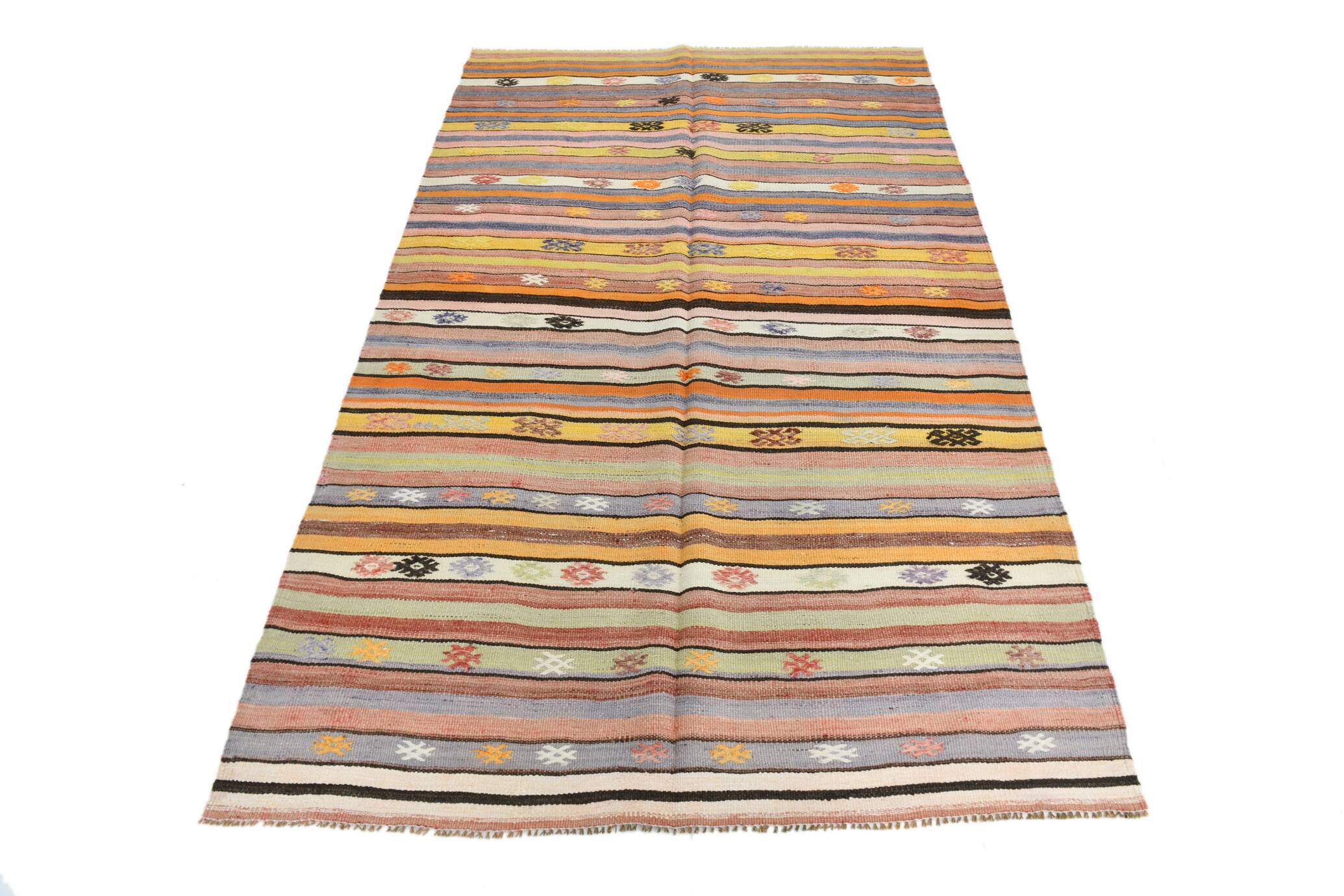 Kilim Vintage Anatolien Rayé – Tons Pastel Multicolores, Style Bohème