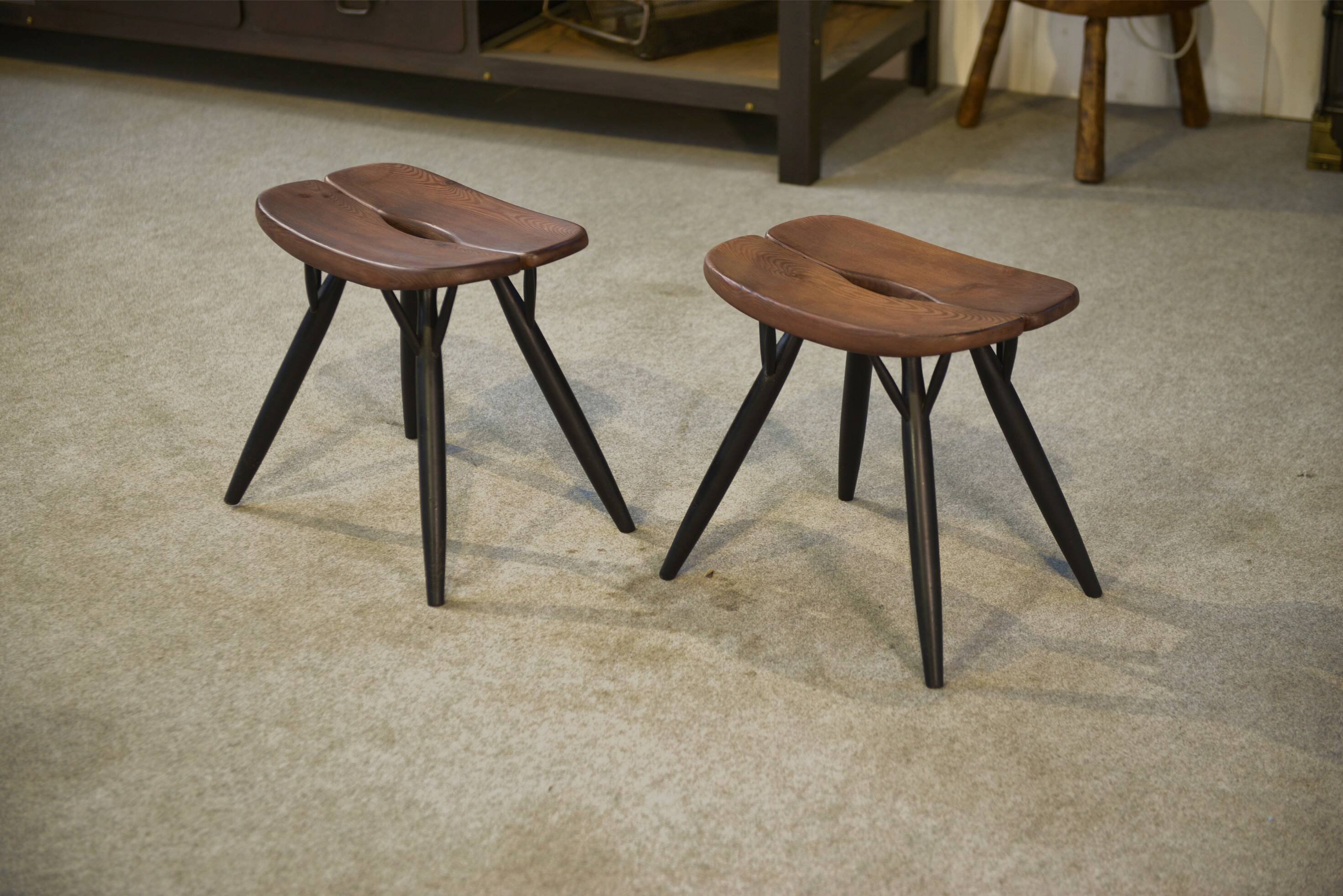 Pair of Pirkka stools by Ilmari Tapiovaara for Laukaan Puu (first edition, stamped) 1950s
