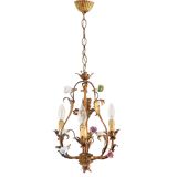 Vintage Italian Roses Porcelain Chandelier Gold Gilded Baroque Rococco 1950s