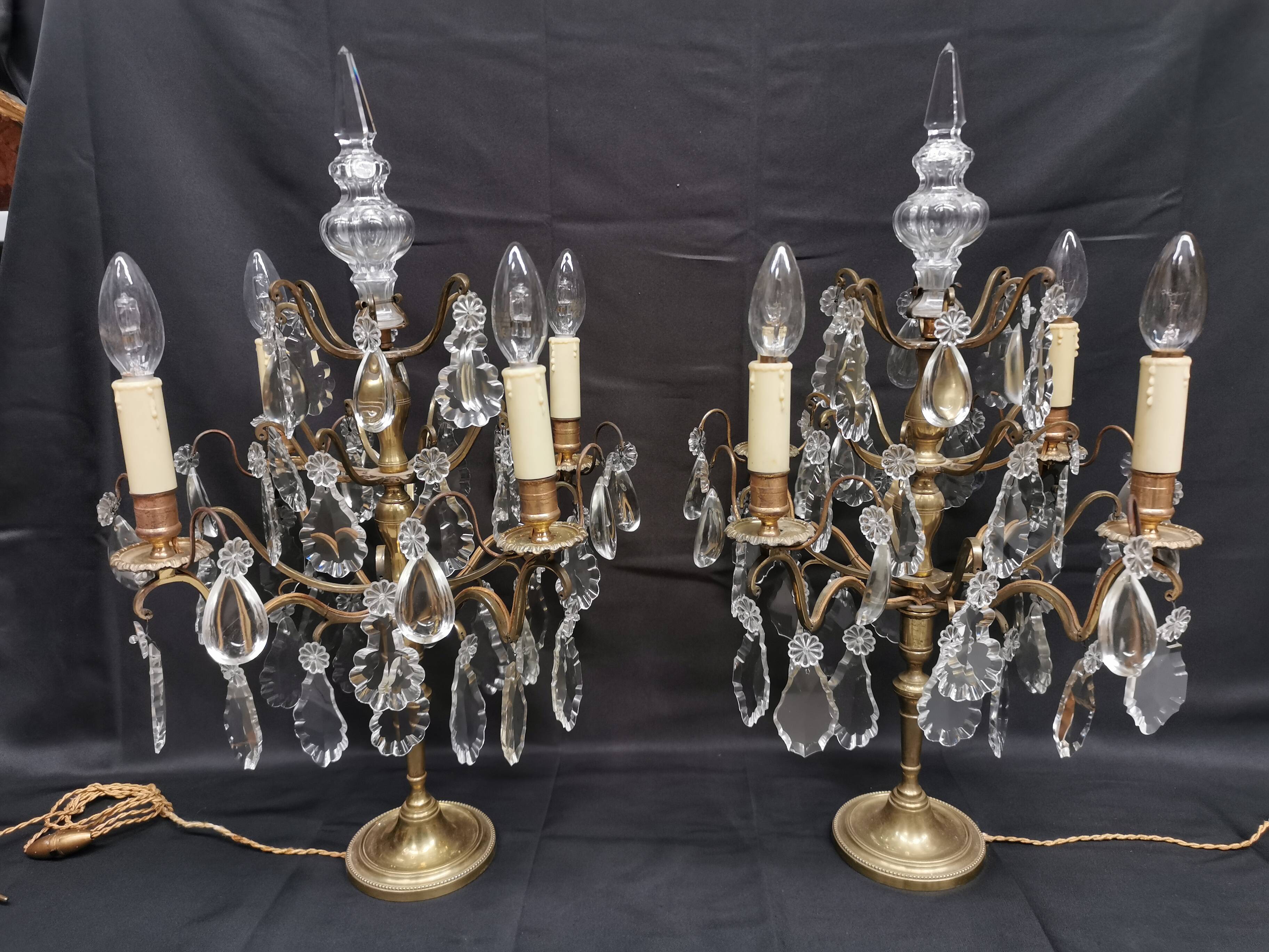 Pair of large electrified girandole candlesticks with crystal tassels