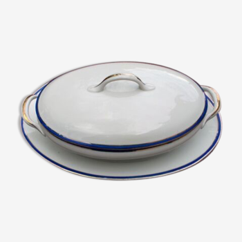 Légumier et son plat Porcelaine de Limoges filet bleu et doré