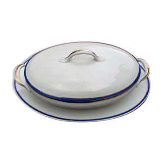 Vegetable and its dish Limoges porcelain blue and gold fillet