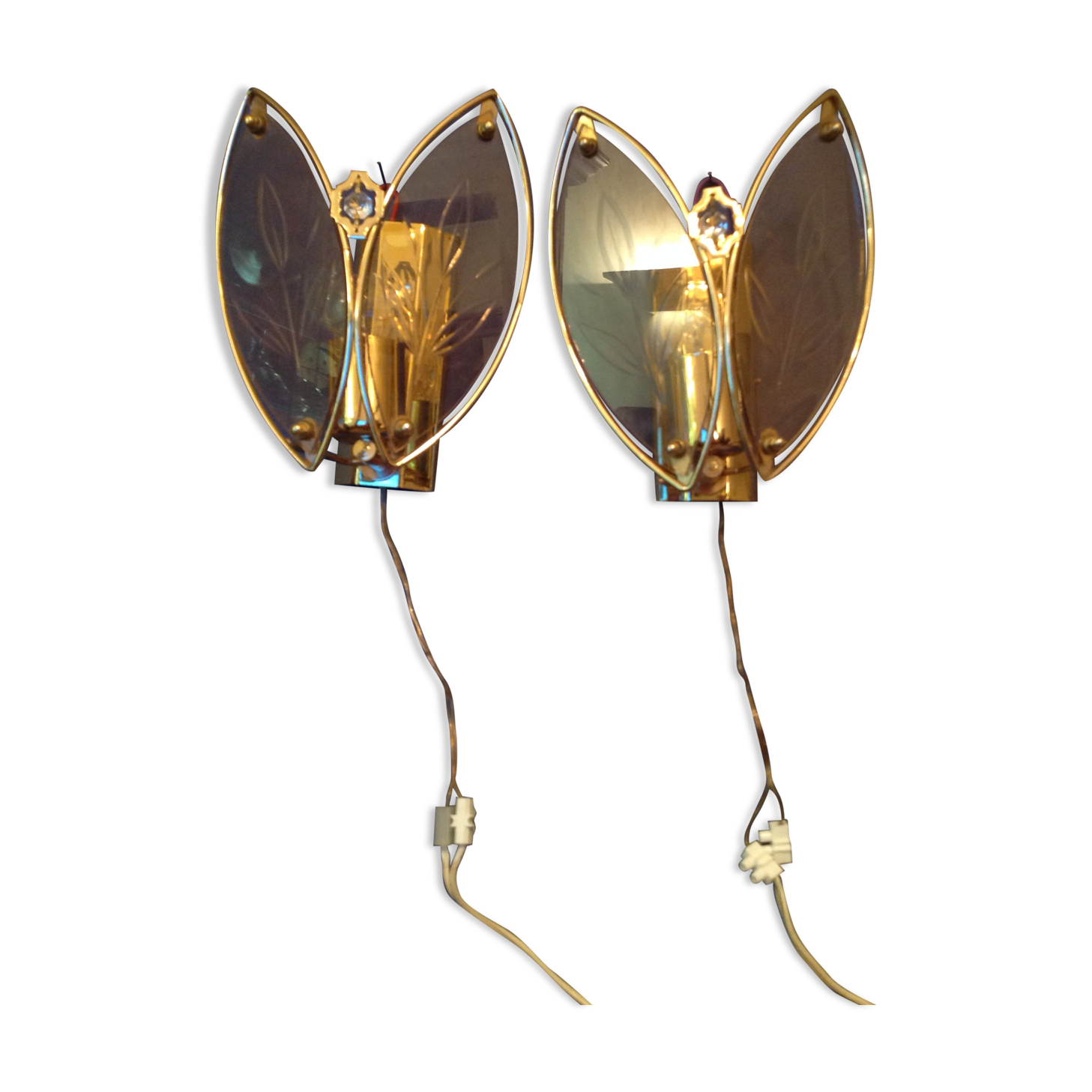 Appliques vintage en verre et métal doré