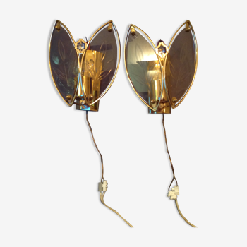 Vintage wall lamps (pair) in glass and gold metal