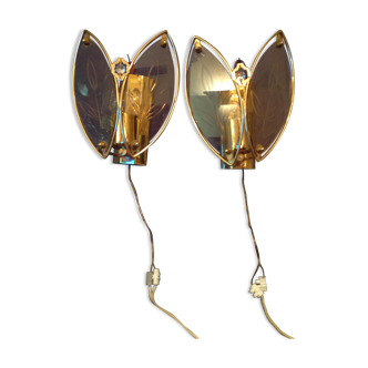 Vintage wall lamps (pair) in glass and gold metal