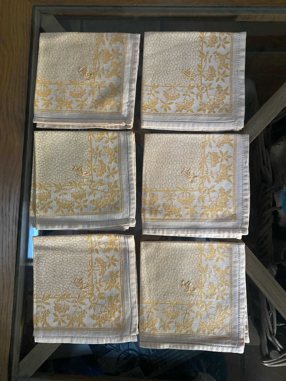 Set of 6 monogrammed damask tea towels