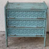Vintage chest of drawers wood and rattan patina turquoise 1950