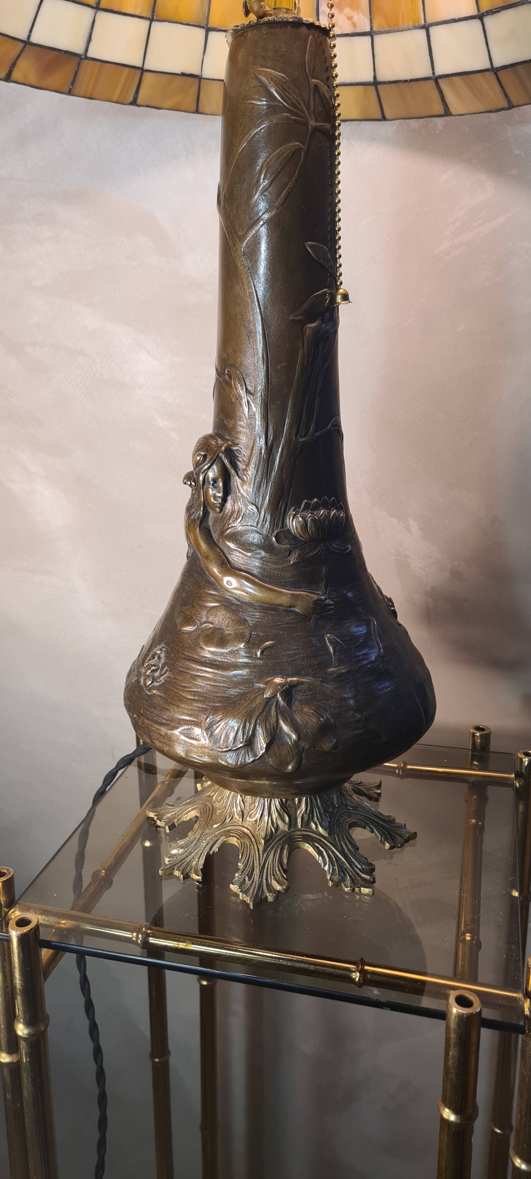 Large bronze lamp nynph in the bath 63x38 superb tiffany style lampshade