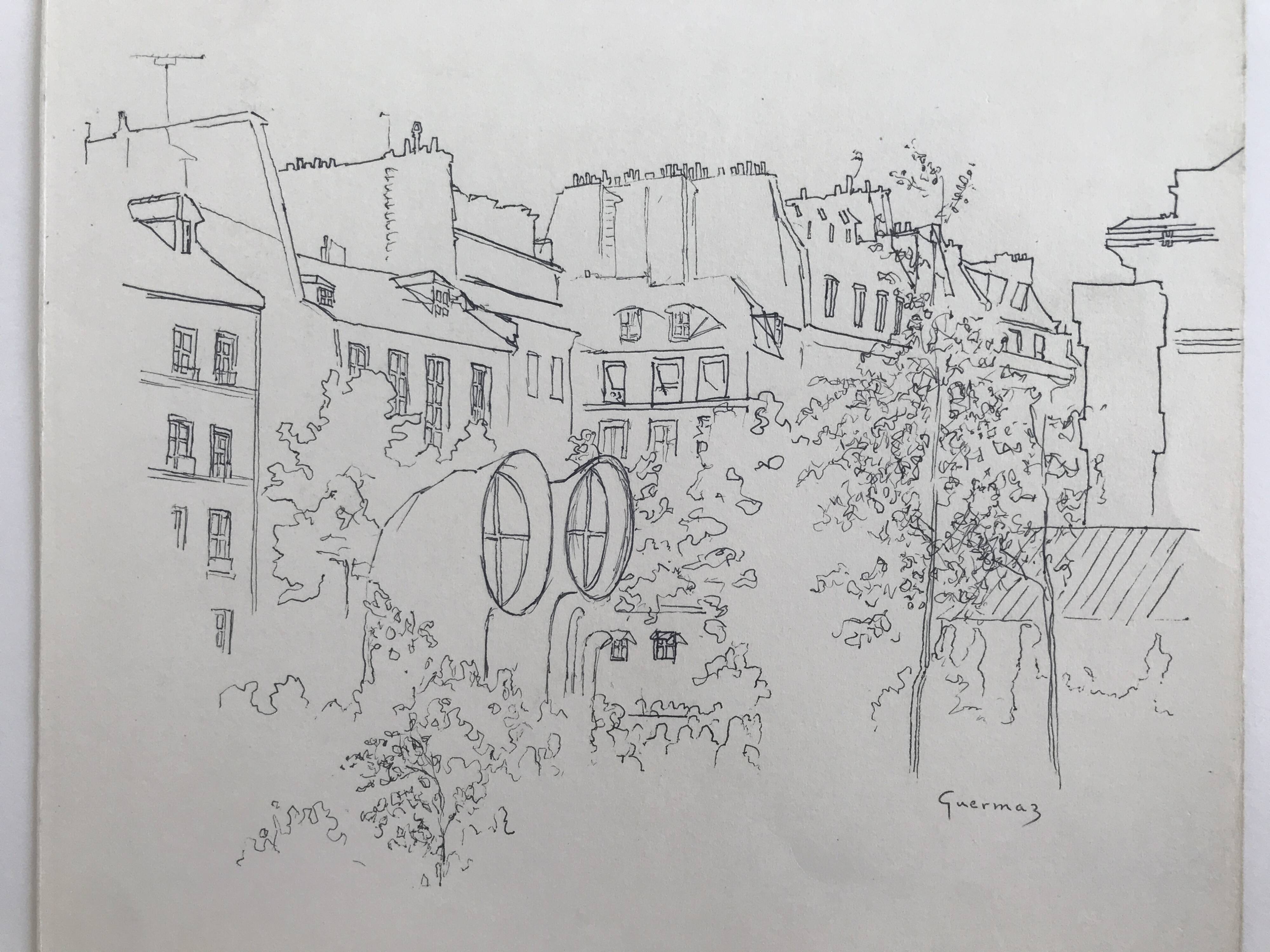 Ink on paper signed by Abdelkader GUERMAZ, Place Georges Pompidou, circa 1977