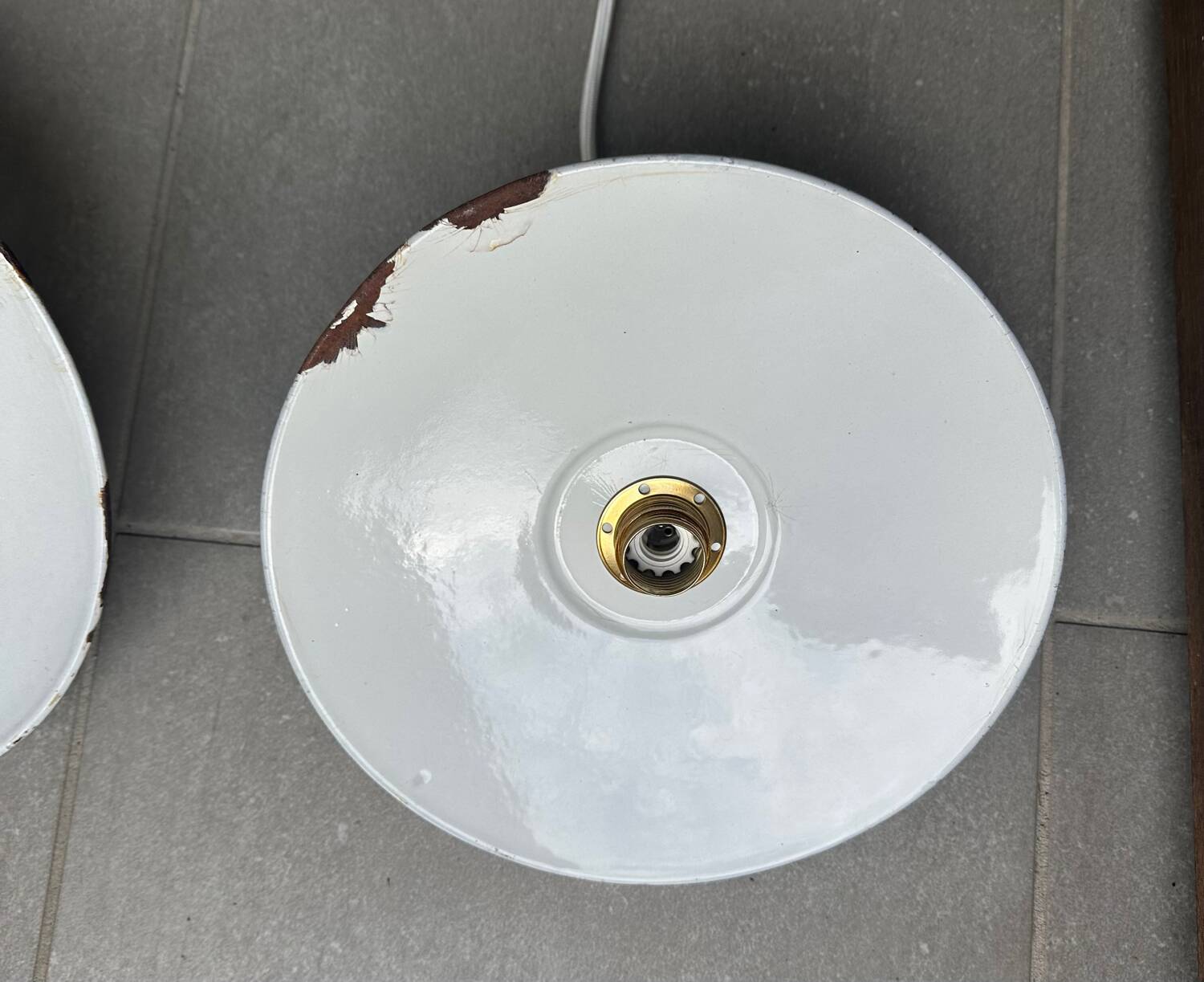 Pair of vintage lampshades, old enamelled sheet metal lampshades