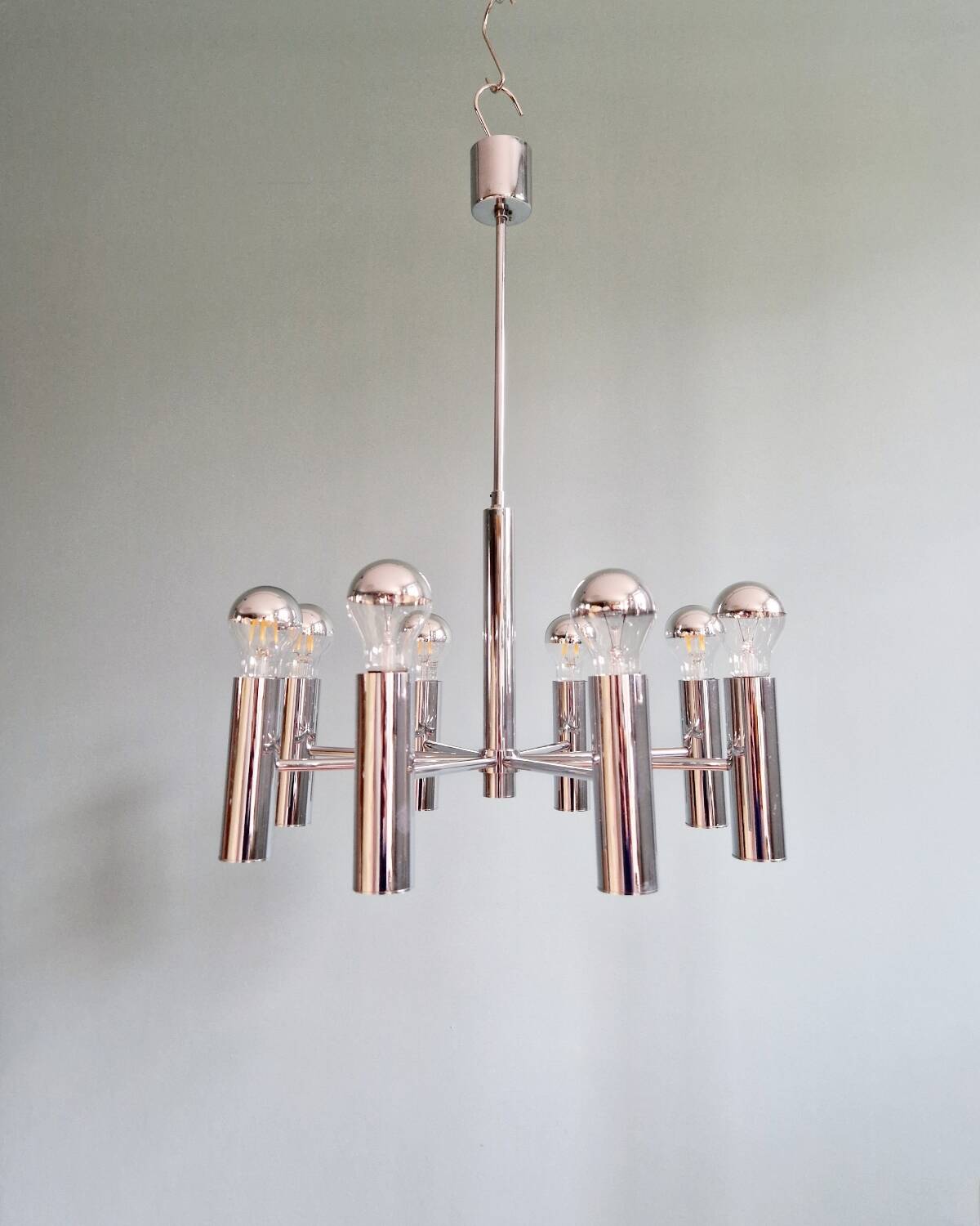 Space Age tubular chrome metal chandelier, 1970s