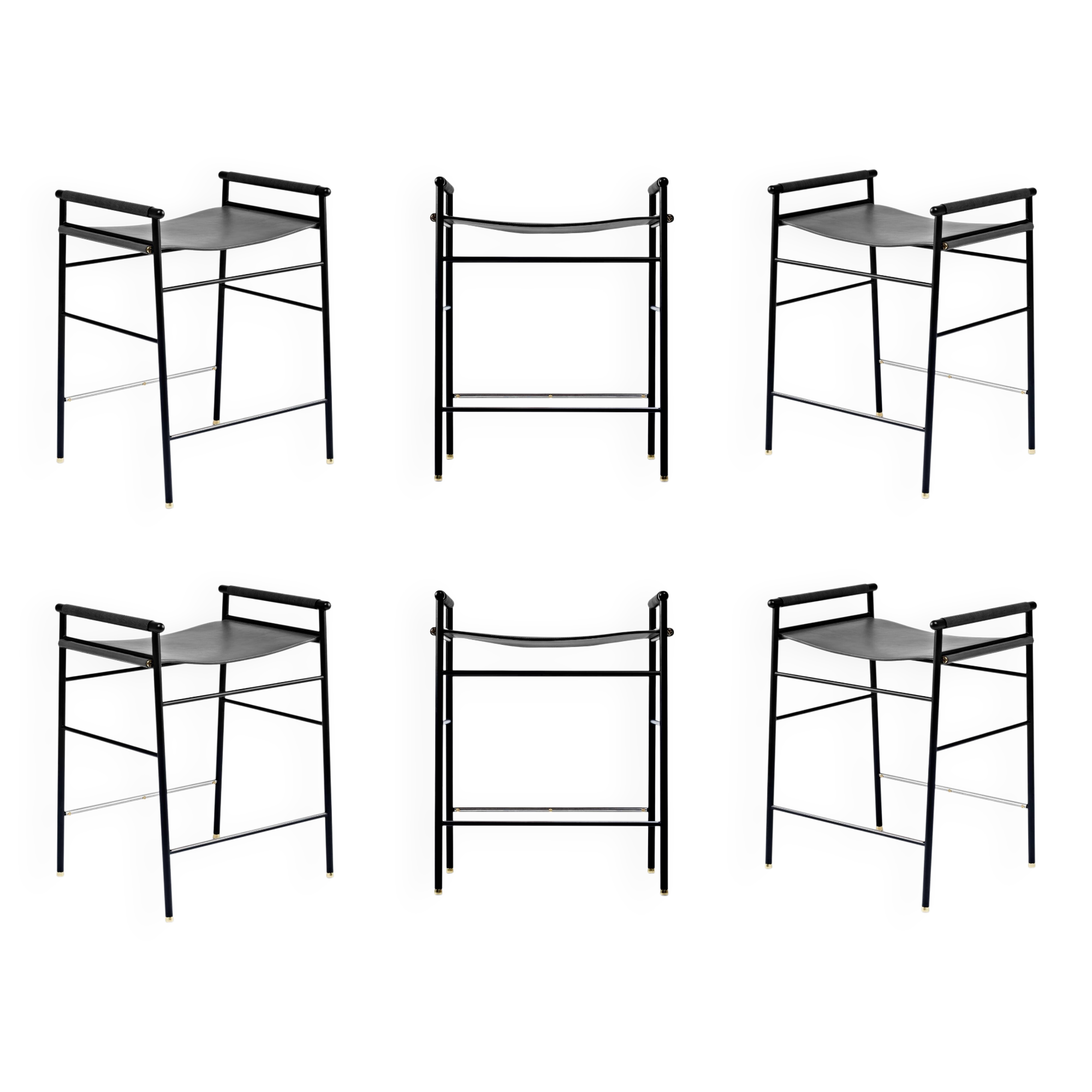 Set of 6 contemporary bar stools in black leather and black rubber.