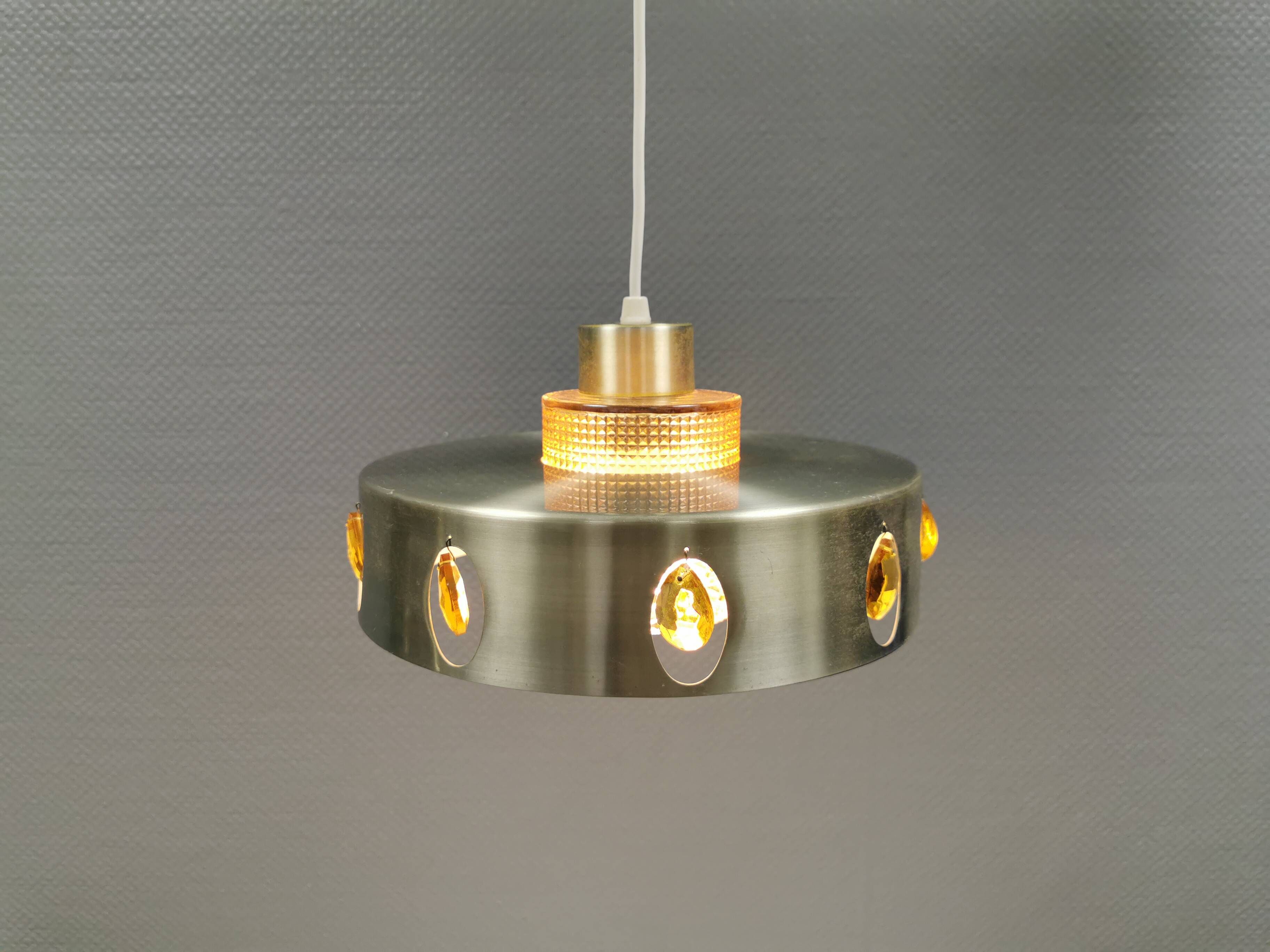 Danish hanging lamp made of glass, metal and with amber colored prisms