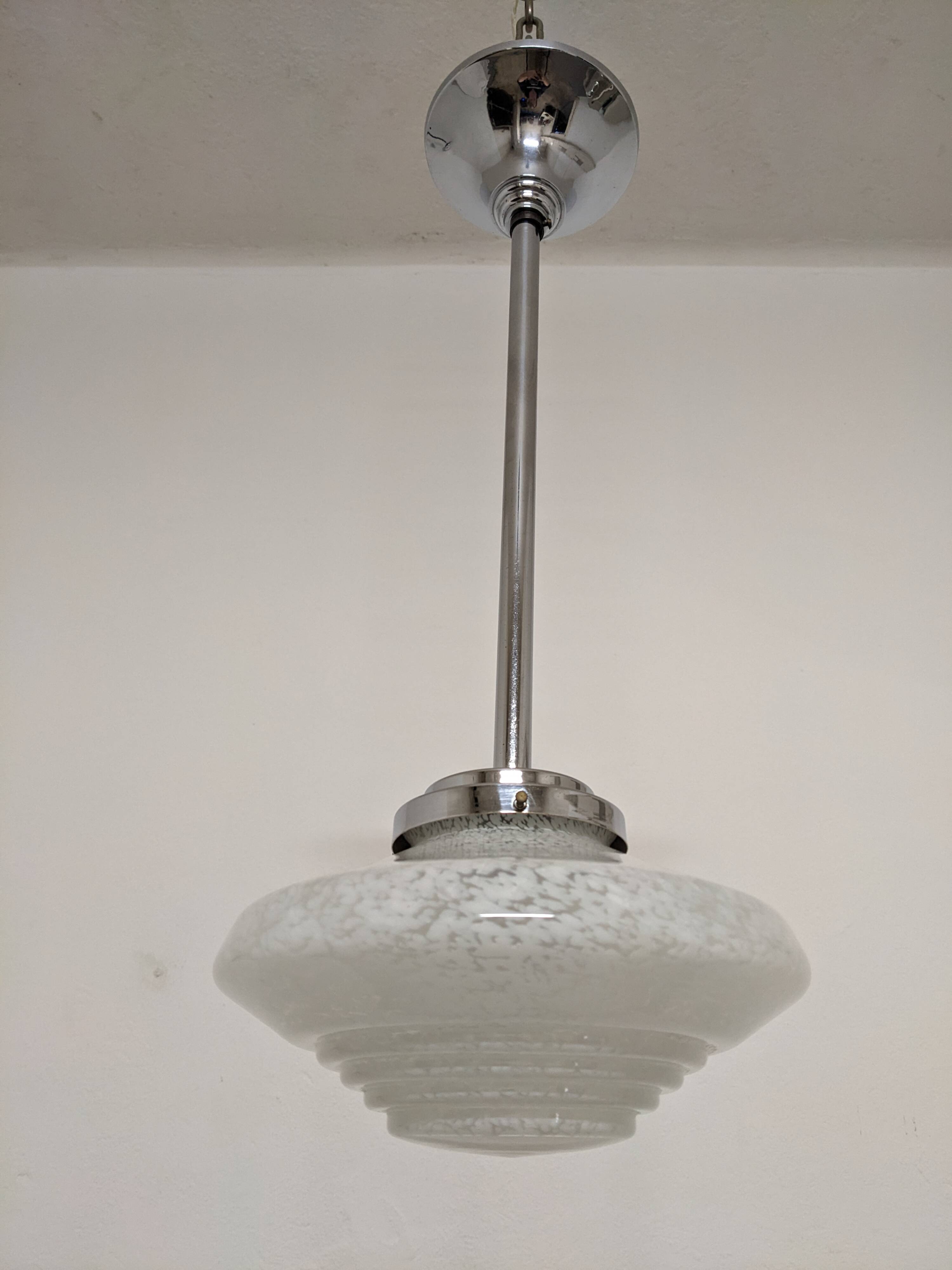 Art Deco glass suspension from Clichy, speckled white, France circa 1920.