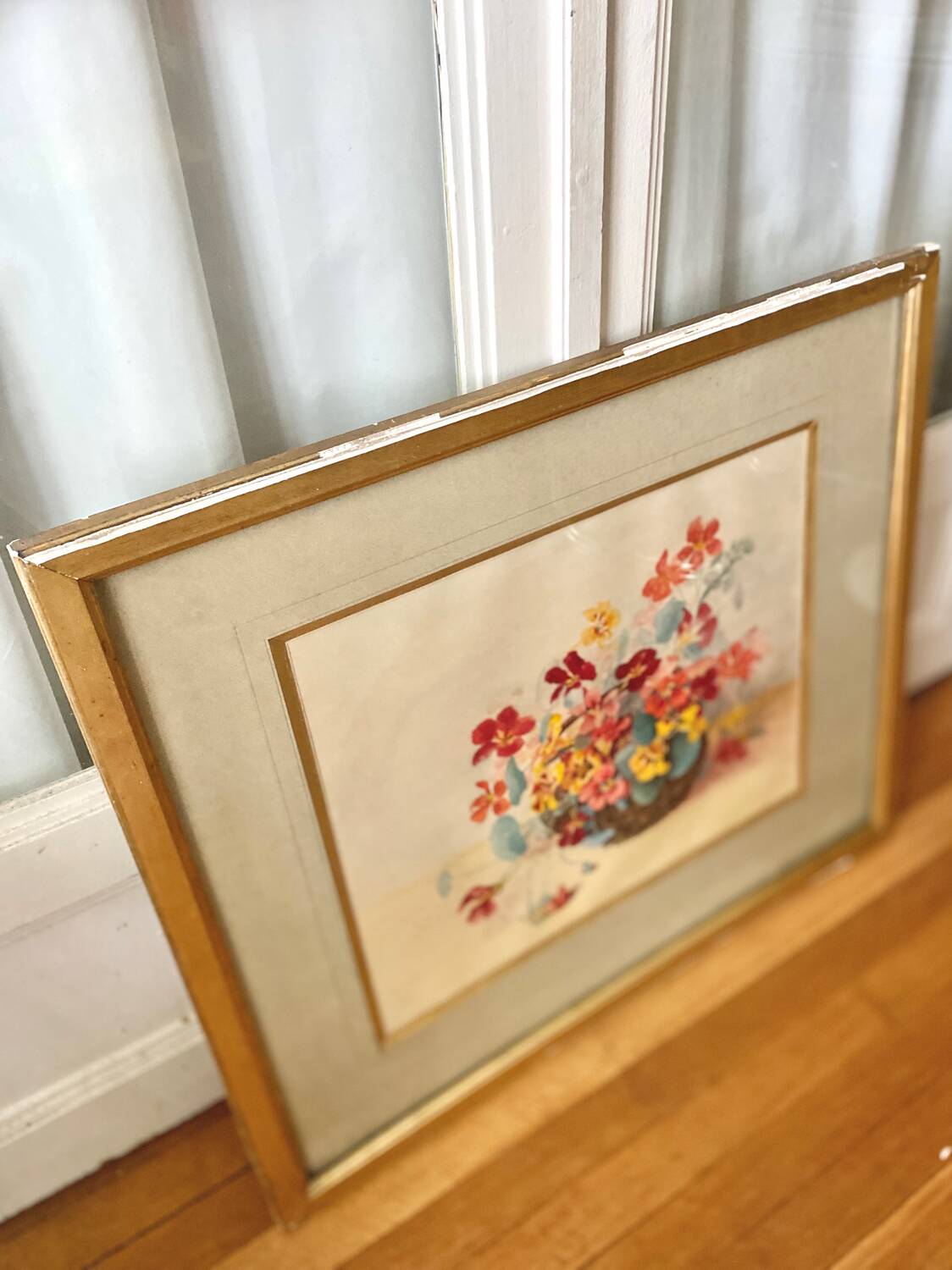 Grand tableau Aquarelle encadrées fin 19e siècle motif panier de fleurs