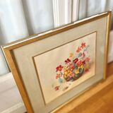 Grand tableau Aquarelle encadrées fin 19e siècle motif panier de fleurs