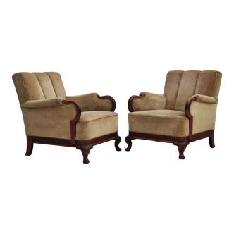 1950s, Danish design, set of armchairs, teak wood, velour, original condition.