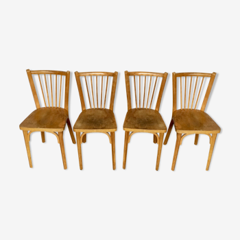 Serie de 4 chaises bistrot Baumann en bois clair années 1950 1960