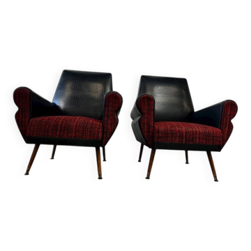 Set of 2 vintage black and red armchairs / armchairs / individual armchairs