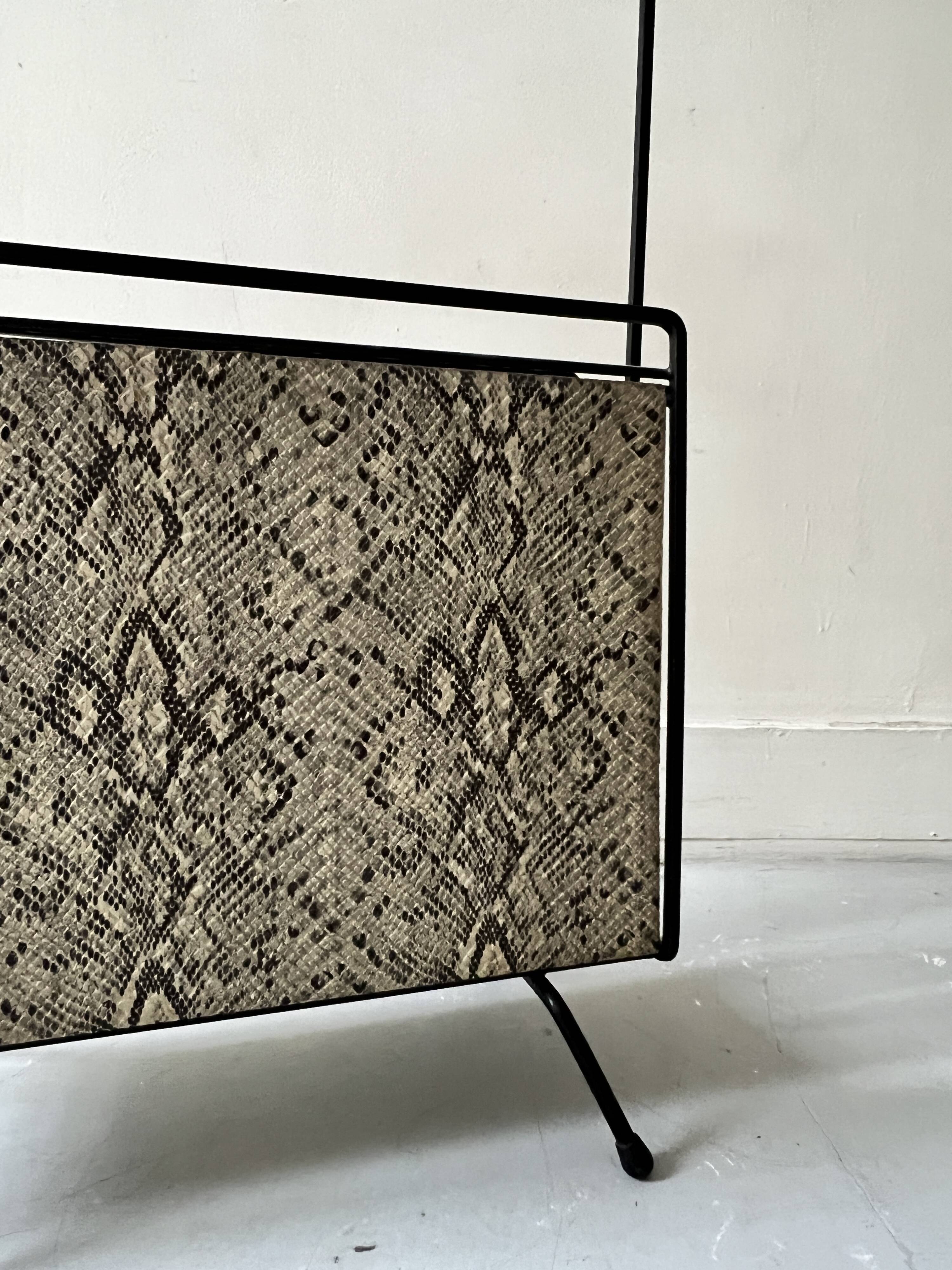 1970s design magazine rack in metal and python leather