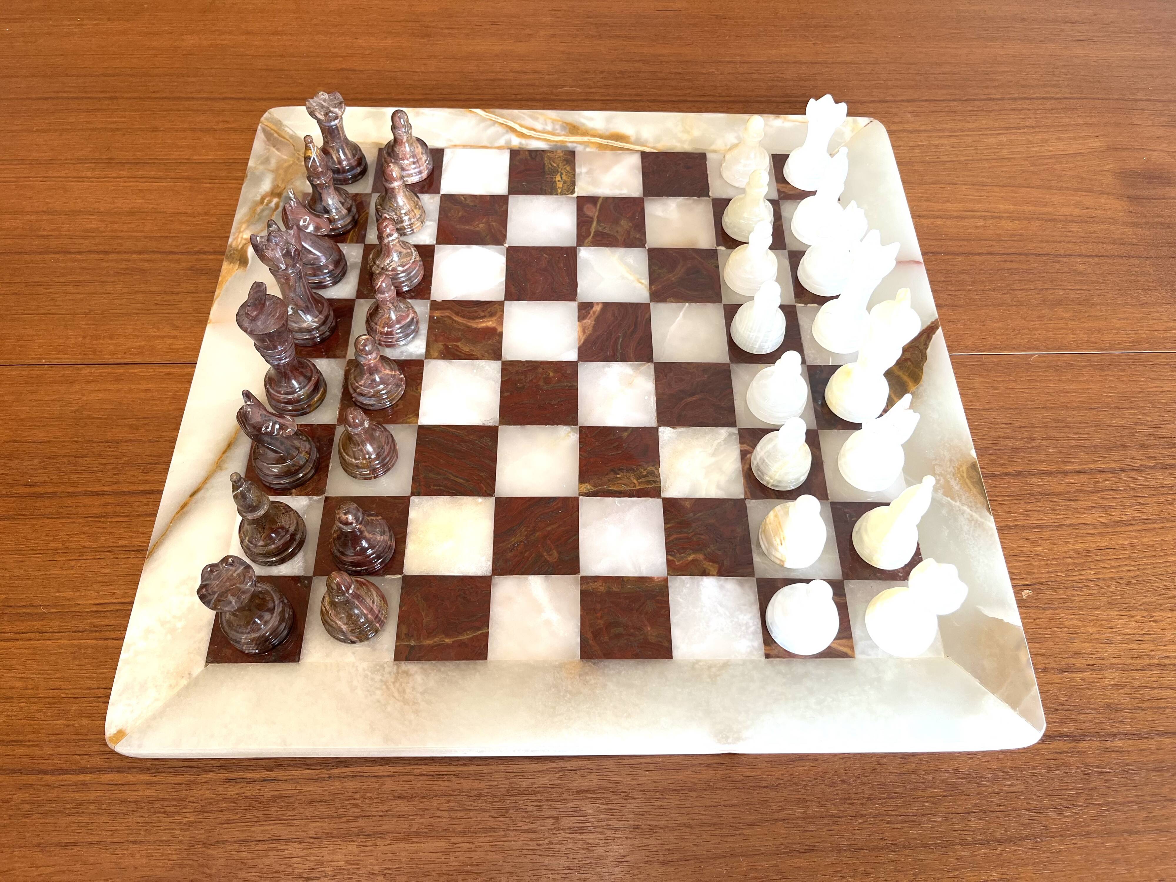 Vintage brown and white alabaster chess board hand carved pieces