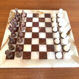 Vintage brown and white alabaster chess board hand carved pieces