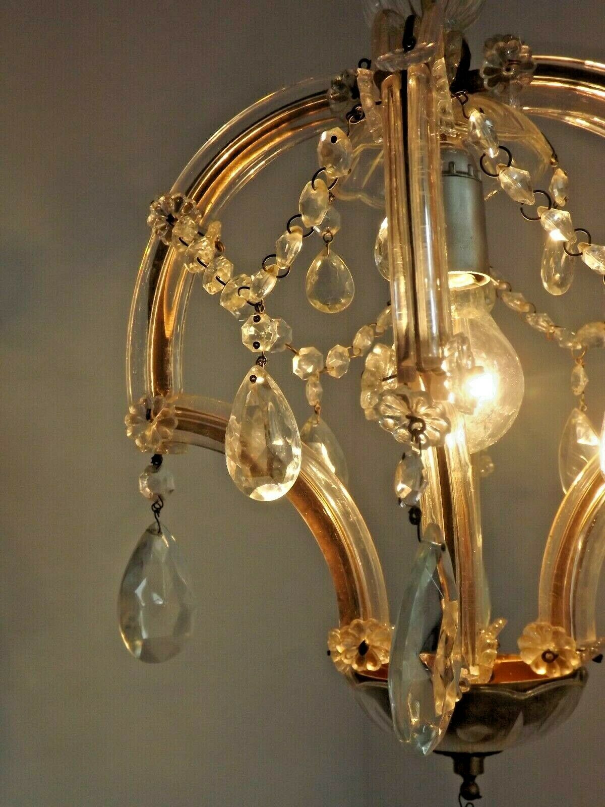 French vintage single light metal glass & acrylic crystal cage chandelier 3152