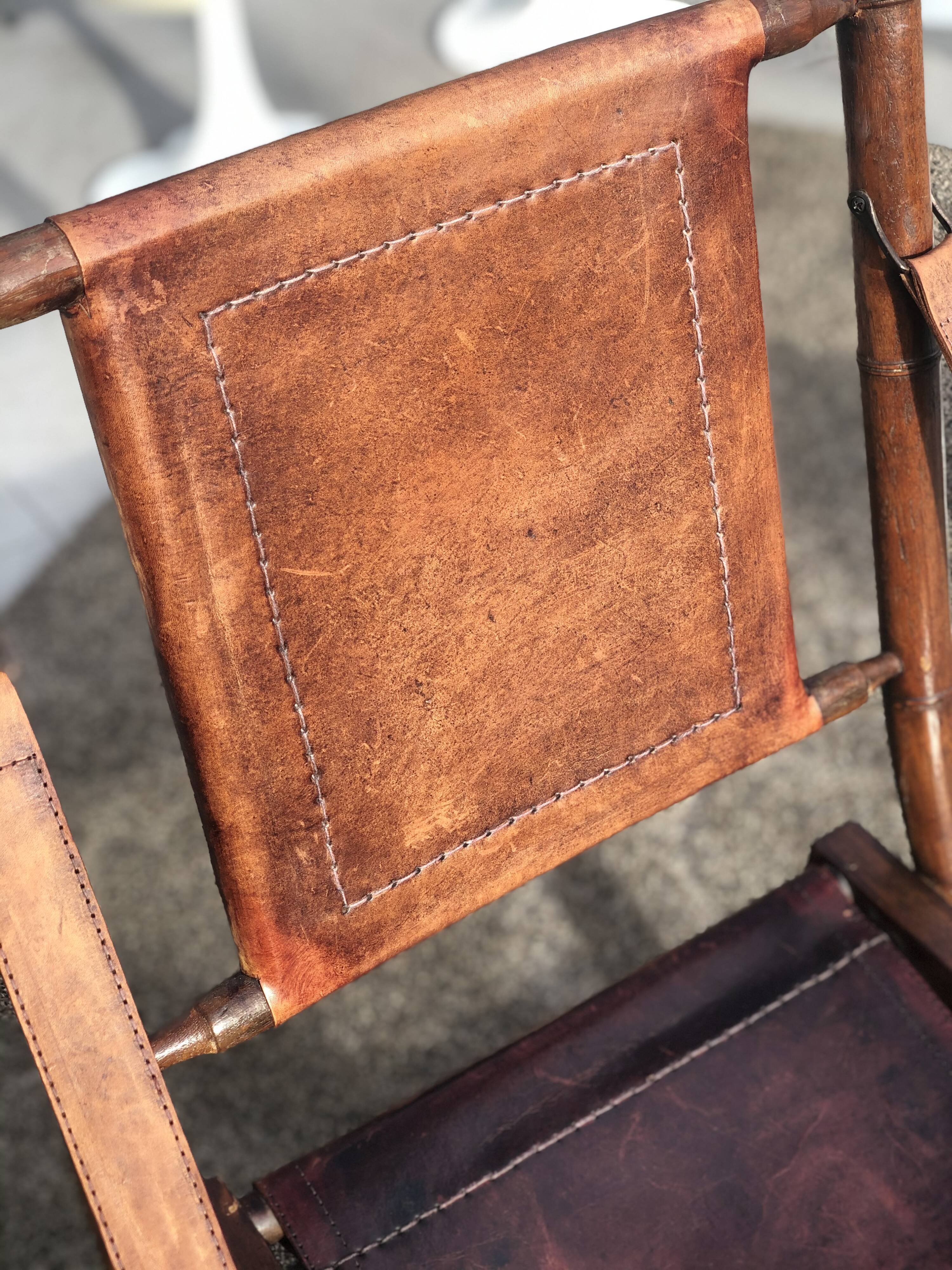 Boat chair folding in leather, bamboo and brass, 1930s