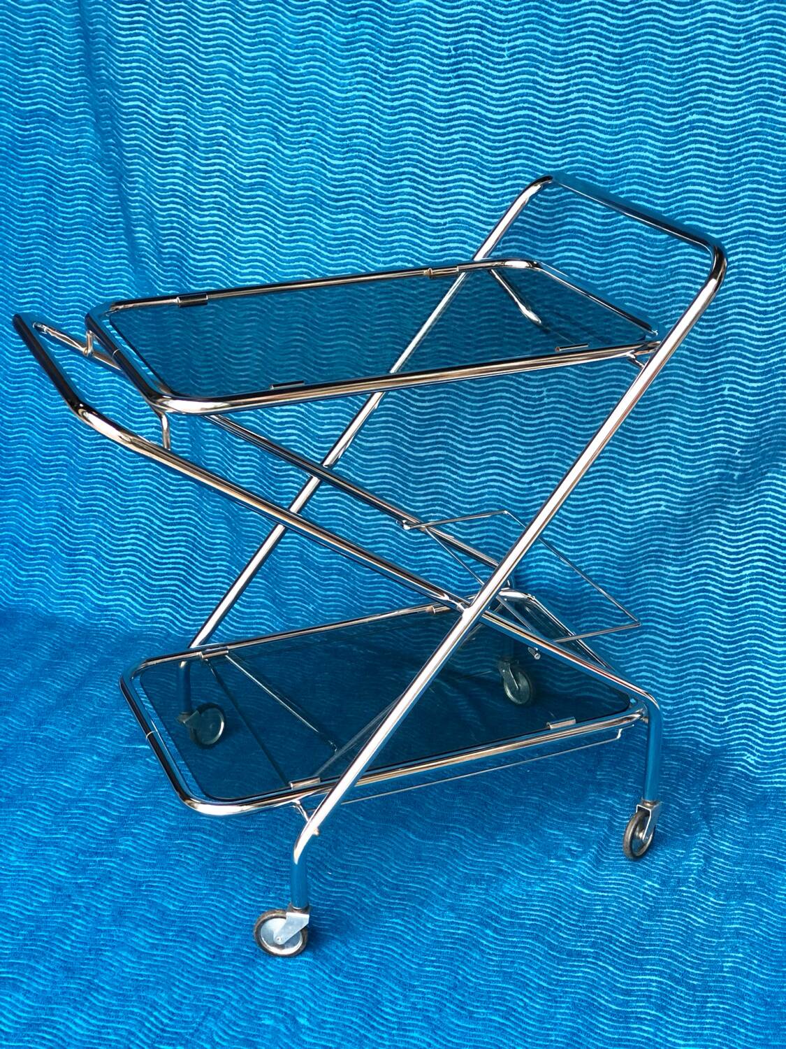 Vintage folding server 1970 with 2 smoked glass trays