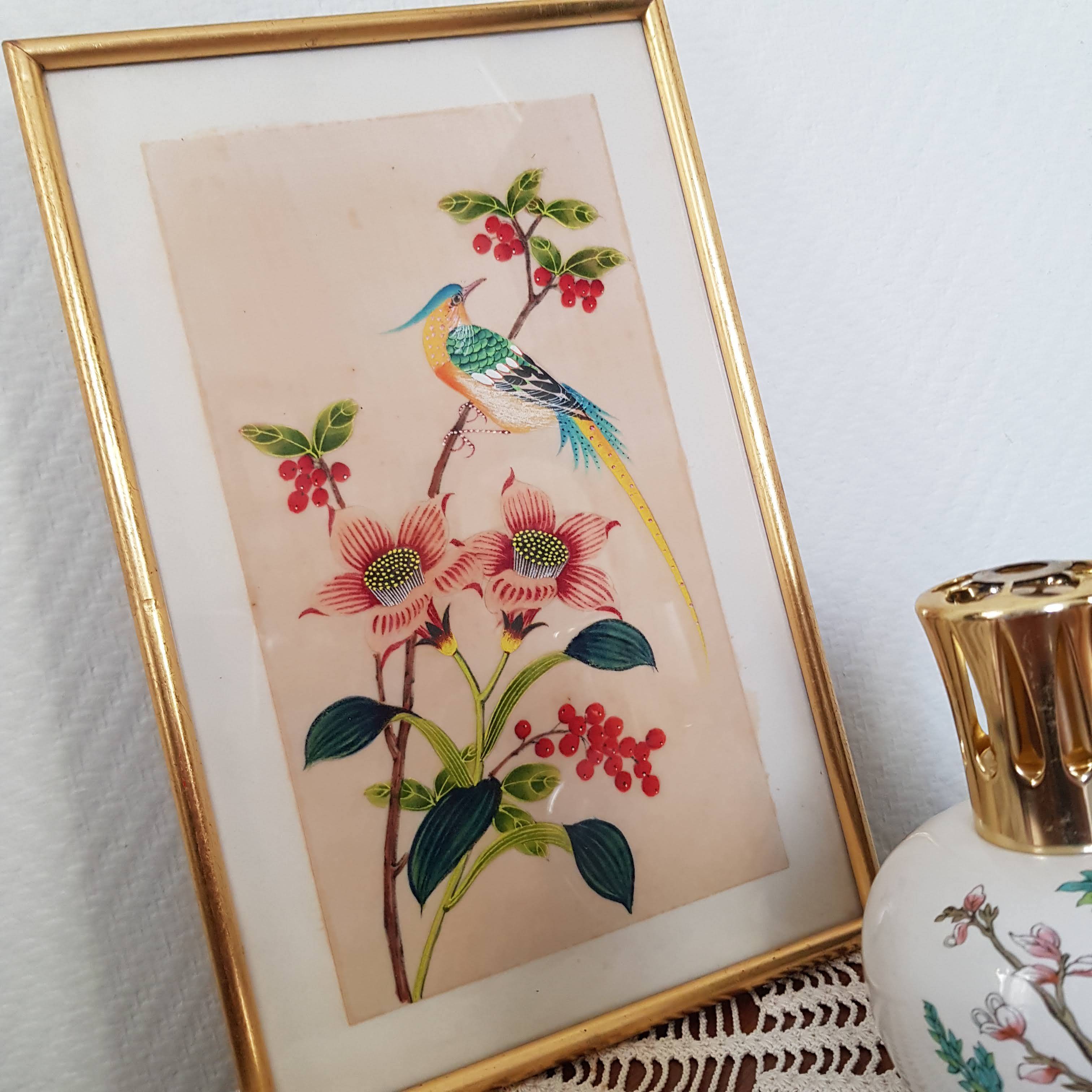 Japanese print on paper drawing of bird and flowers