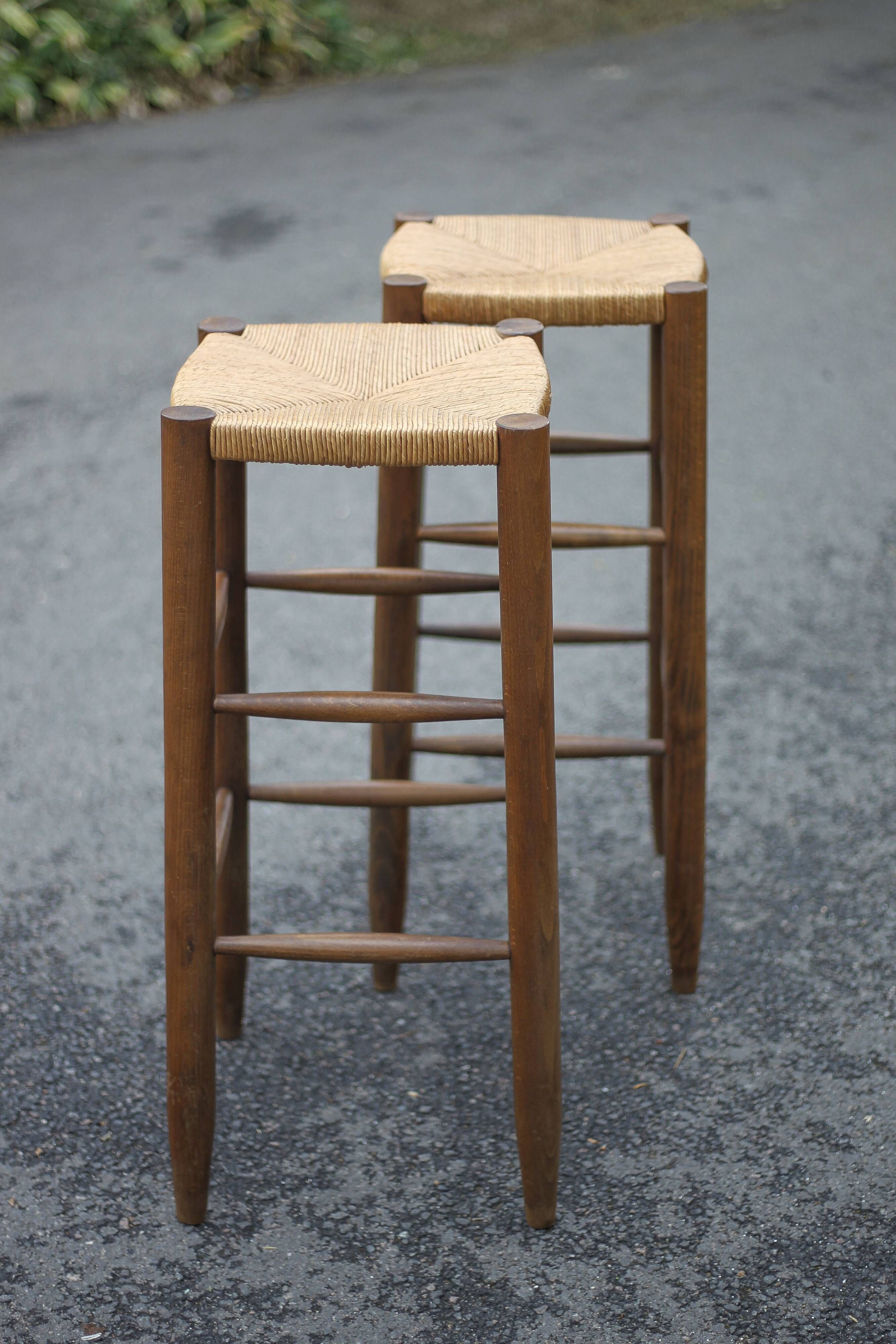 Pair of bar stools, wooden and straw stool, vintage bar stool, vintage stool, decoration