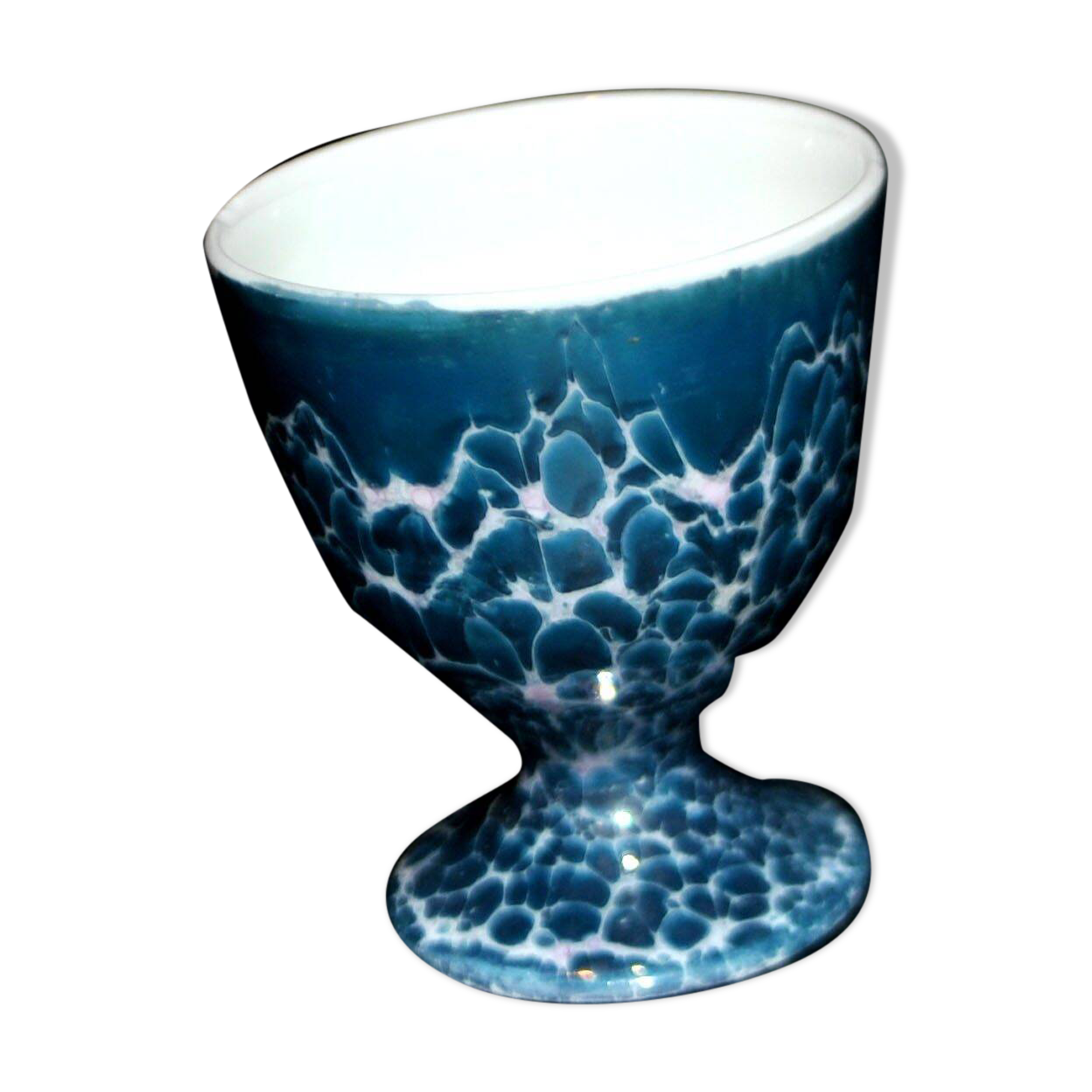 Vintage egg cup in iridescent blue metallic porcelain