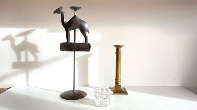 Trio de bougeoirs laiton cristal métal vintage