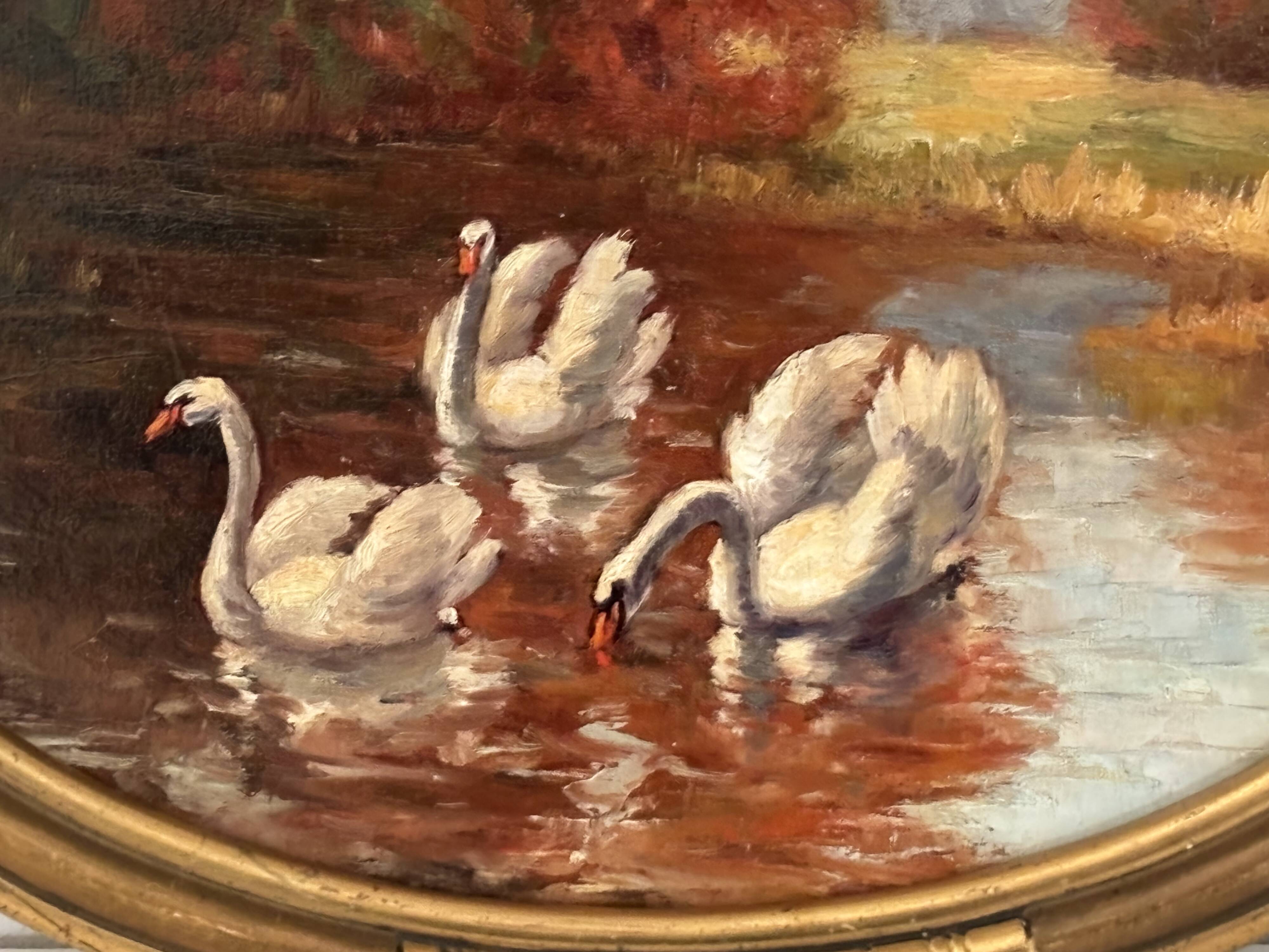 Tableau ancien les cygnes par vers 1920 par R Lutter