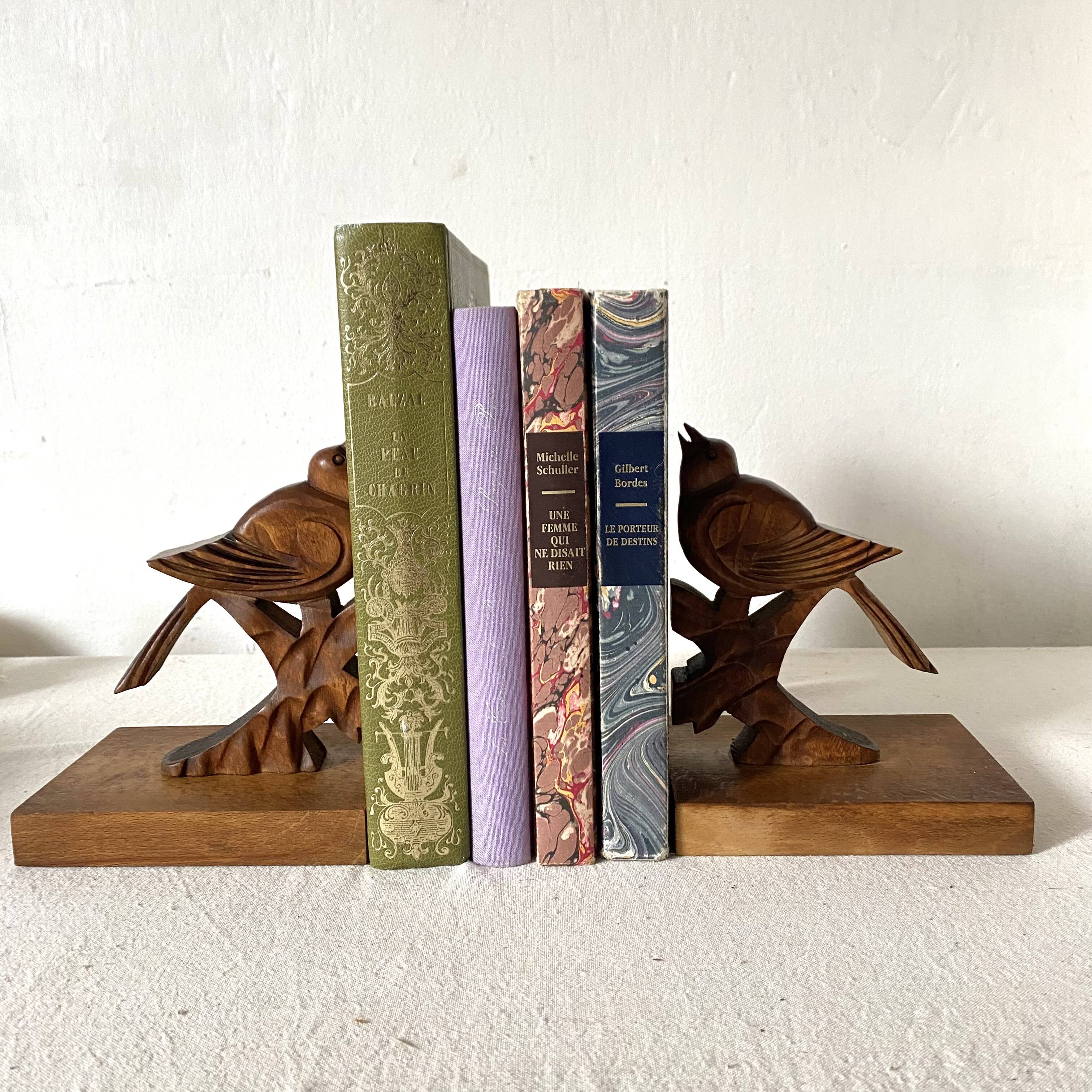 Pair of art deco wooden bookends birds