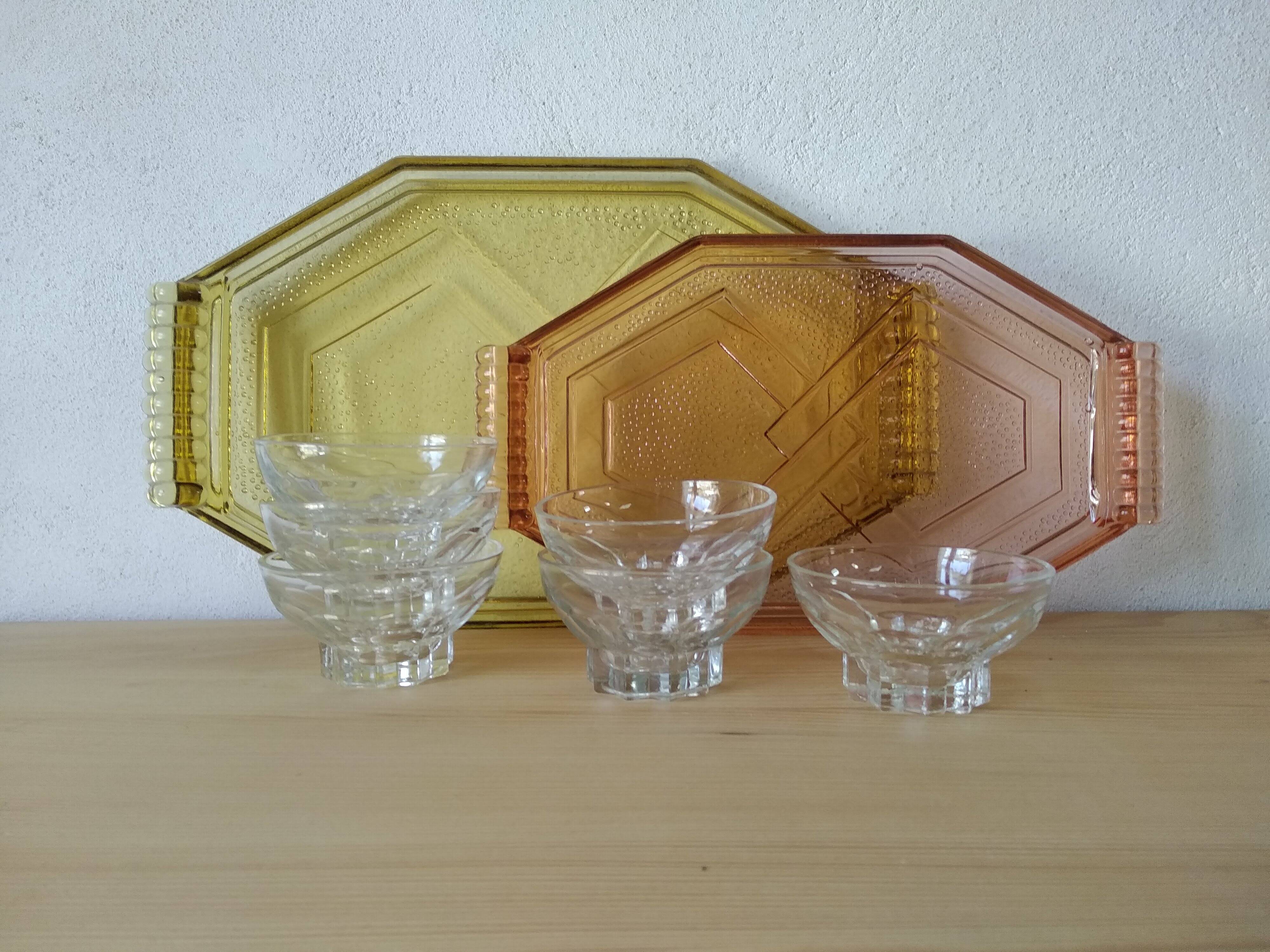Art Deco pink pressed glass octagonal tray