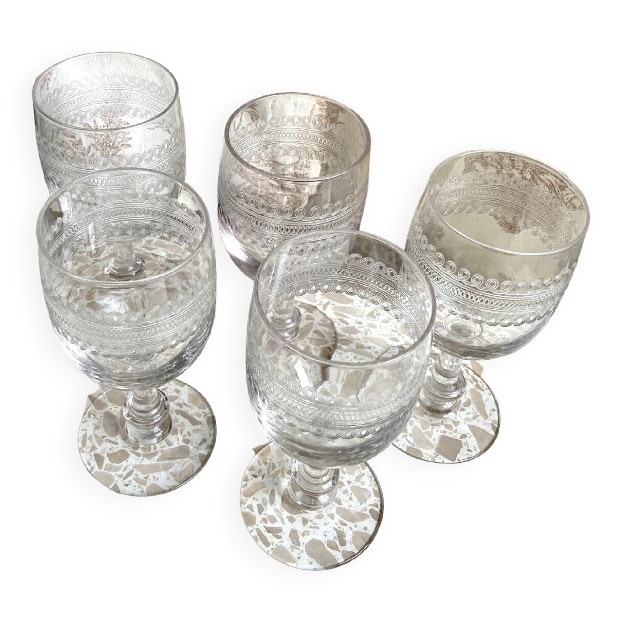 5 engraved glass stemmed glasses