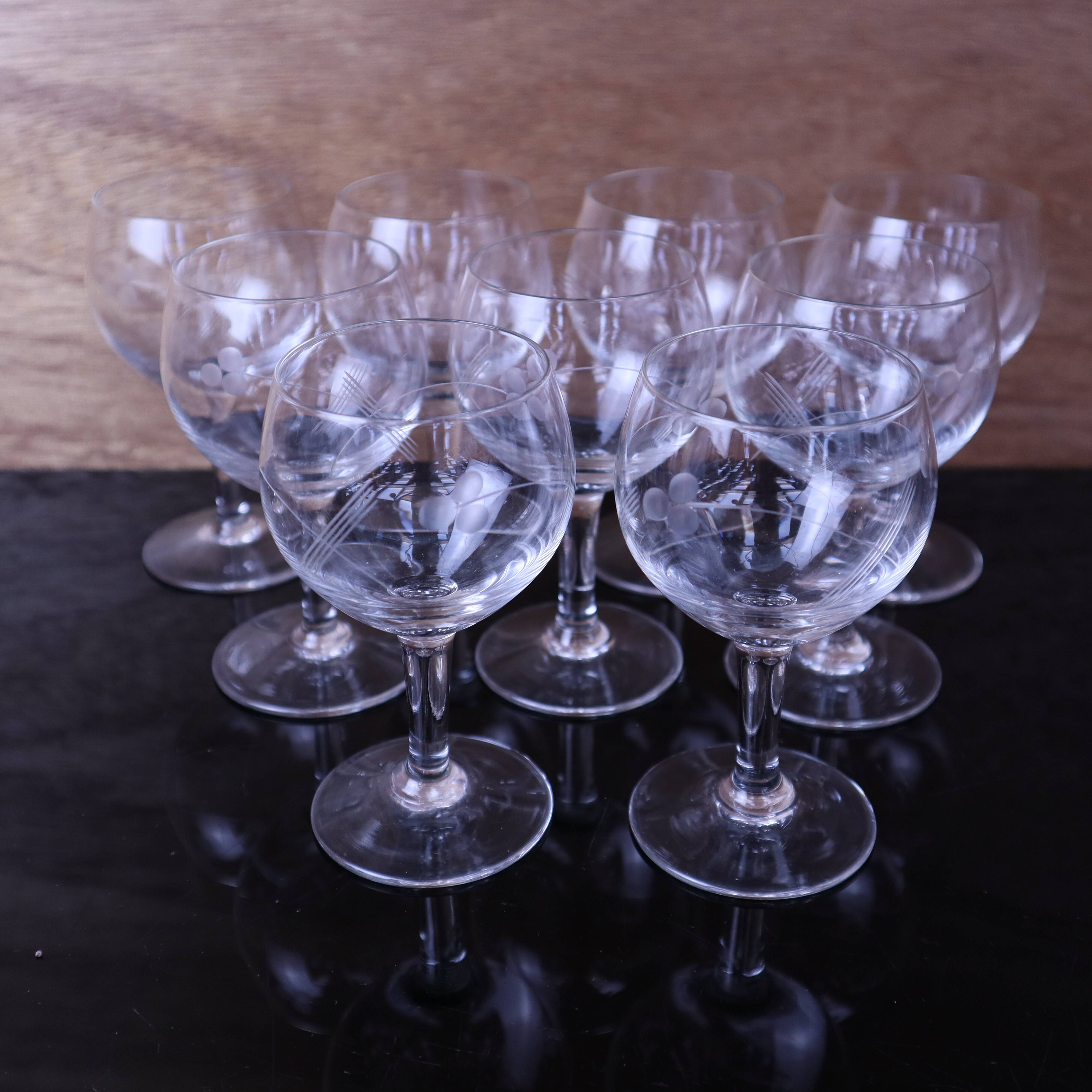 Set of 9 engraved vintage floral balloon white wine glasses.