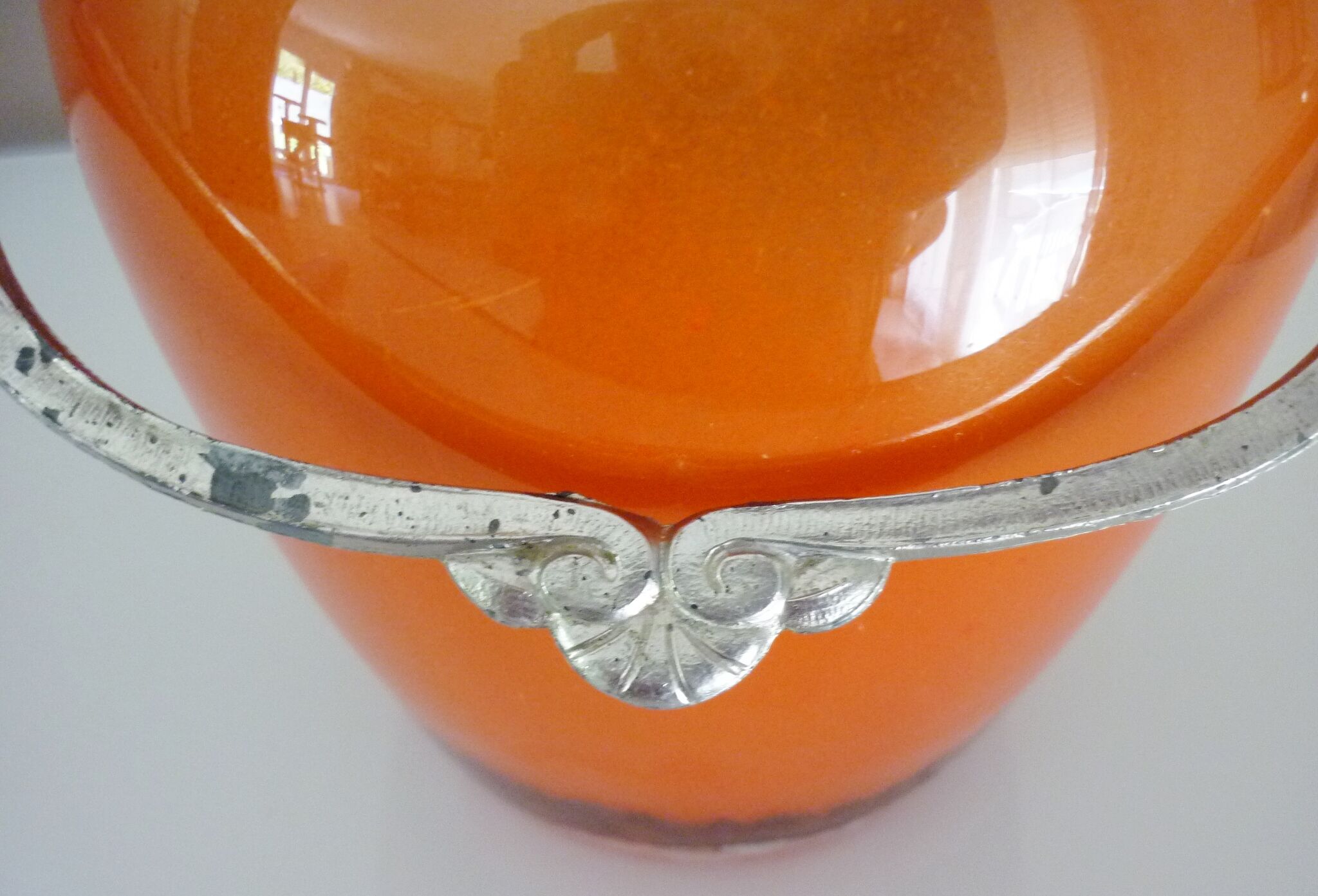 Seau, pot à biscuits ancien, verre soufflé, émaillé, ateliers Legras, art nouveau
