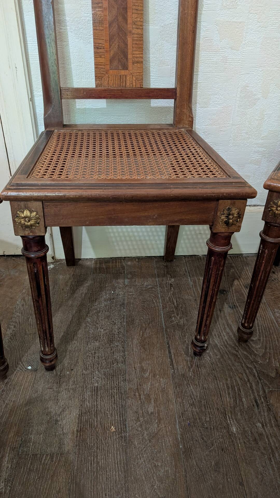 Set of 6 Louis XVI chairs in marquetry wood and caning.