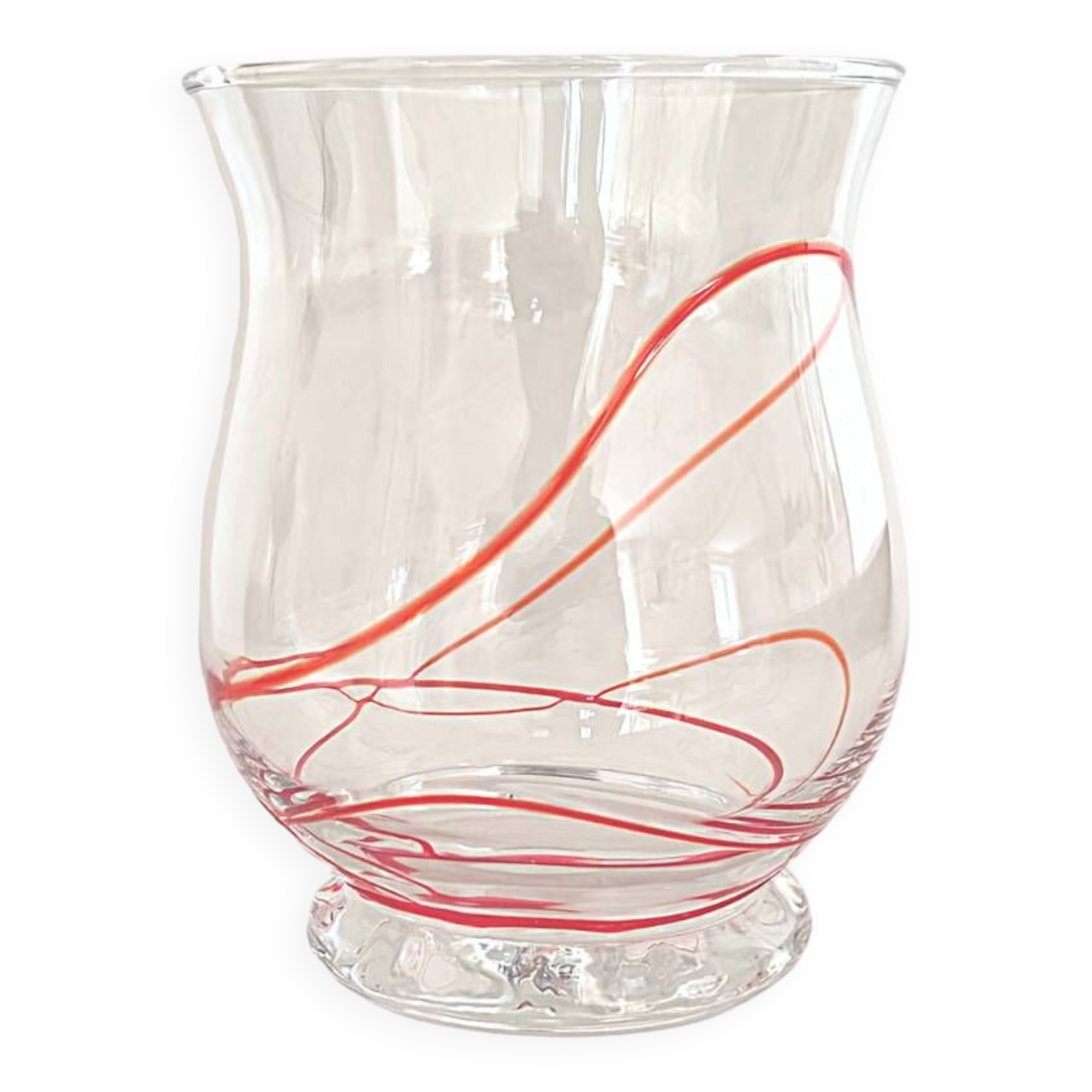 Vase vintage en verre soufflé de style Murano avec tourbillons rouges